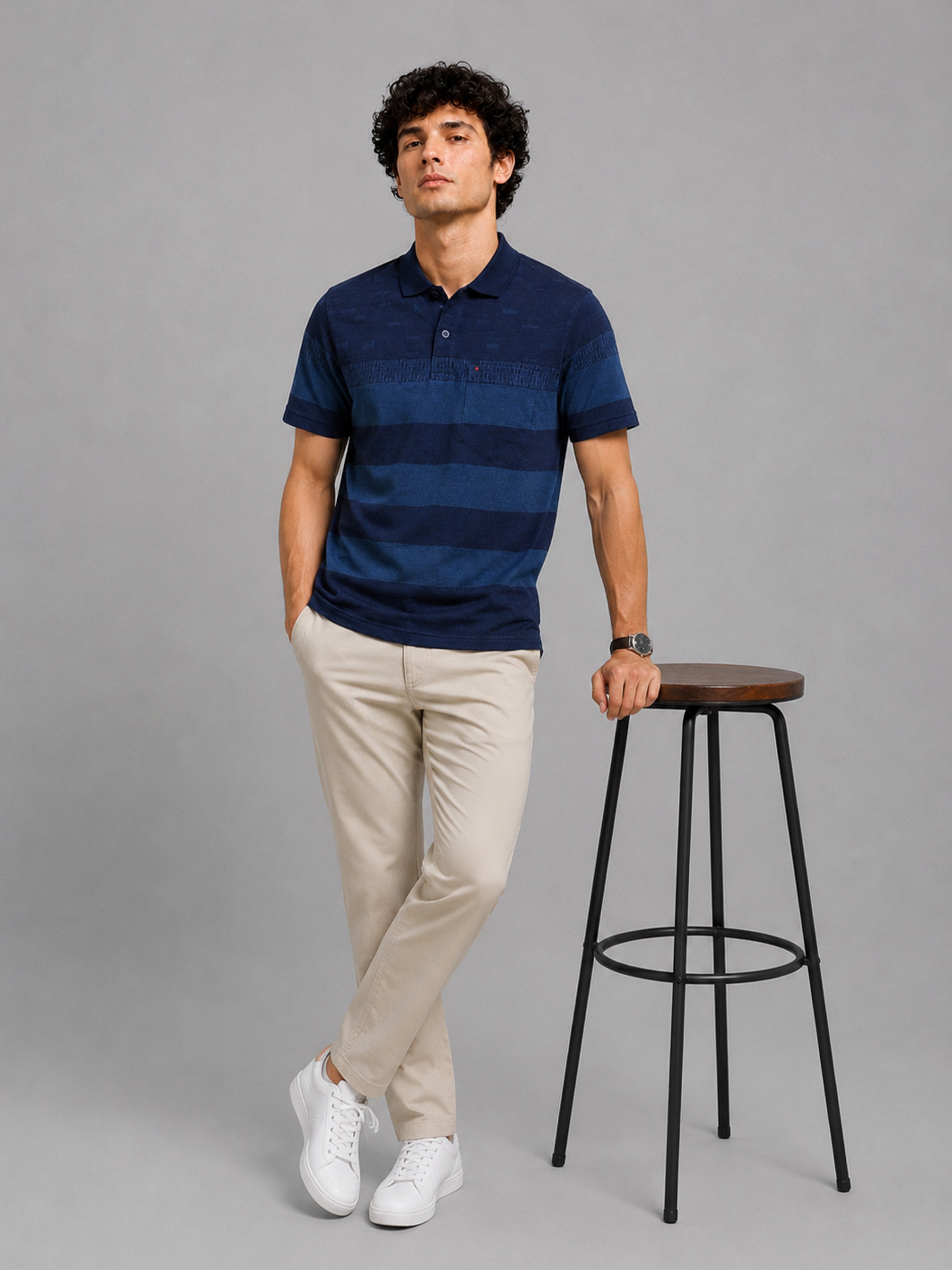 Men Indigo Slim Fit Striped Jacquard Polo Collar Casual T-Shirt with Chest Pocket
