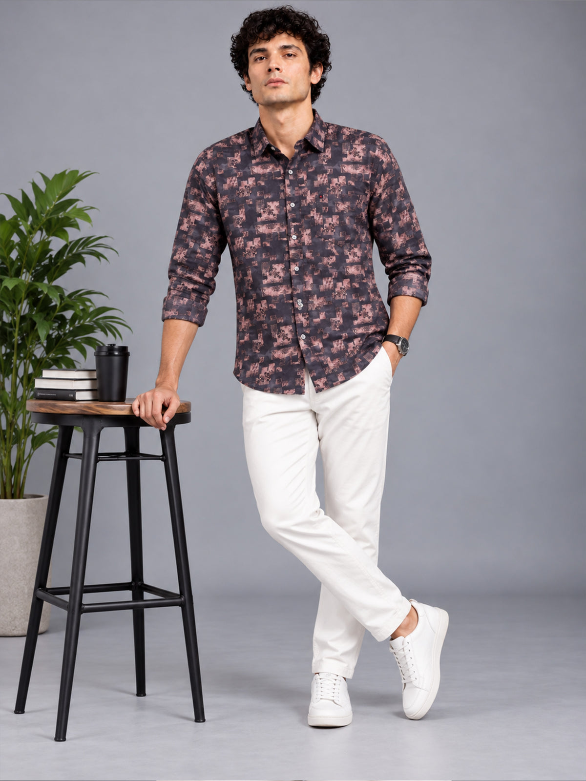 Men Dark Brown Slim Fit Elegant printed Casual Shirt