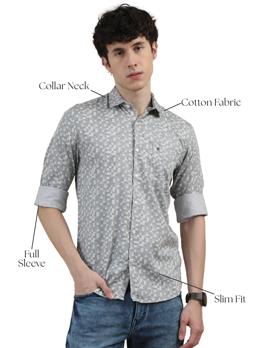 Men Light Grey Slim Fit Printed Full Sleeve Casual Shirt