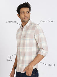 Men Peach Checked Full Sleeve Slim Fit Casual Shirt