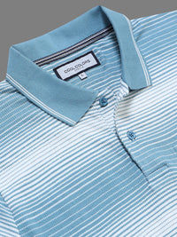 Men Light Blue Slim Fit Striped Short Sleeves Polo Collar Casual T-Shirt with Chest Pocket