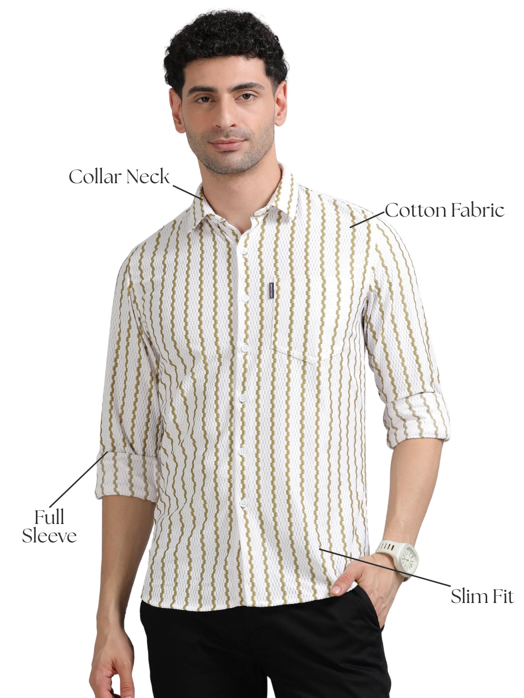 Men Cream Full Sleeve knitted Dobby Casual Shirt