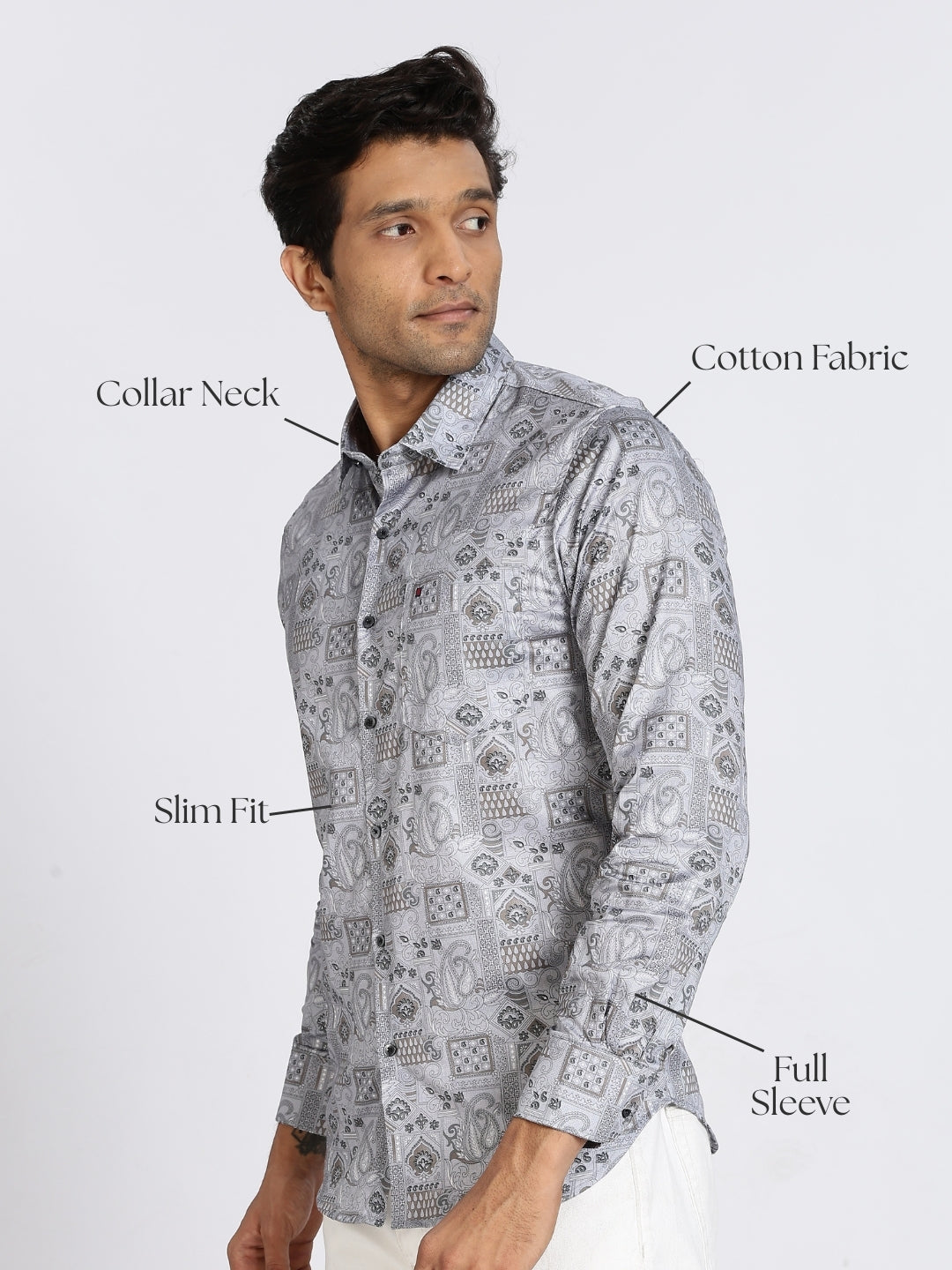 Men Grey Floral Print Full Sleeve Slim Fit Casual Shirts