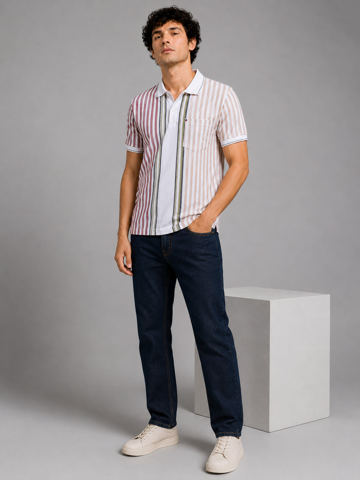 Men Red Slim Fit Striped Casual Polo T-Shirt with Chest Pocket