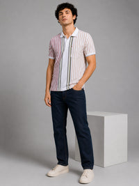 Men Red Slim Fit Striped Polo Collar Casual T-Shirt with Chest Pocket