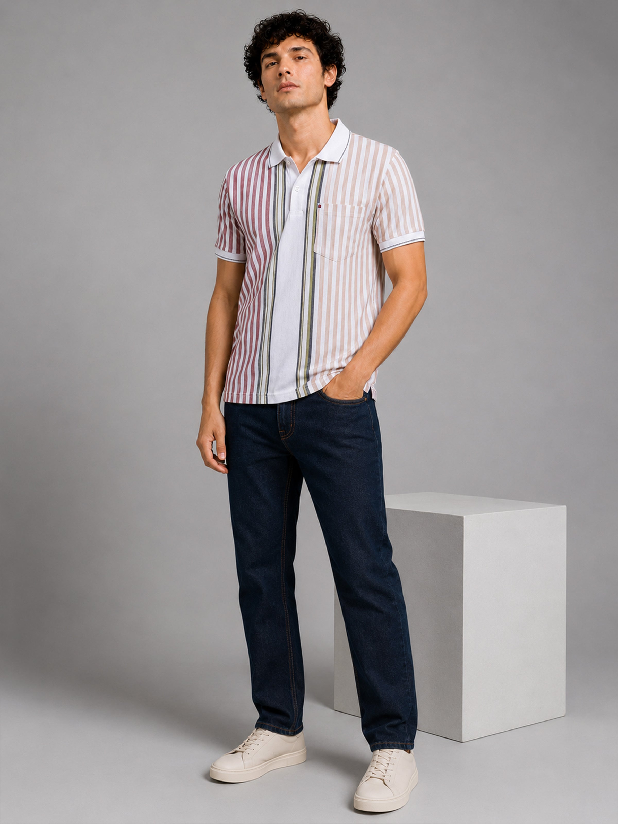 Men Red Slim Fit Striped Polo Collar Casual T-Shirt with Chest Pocket