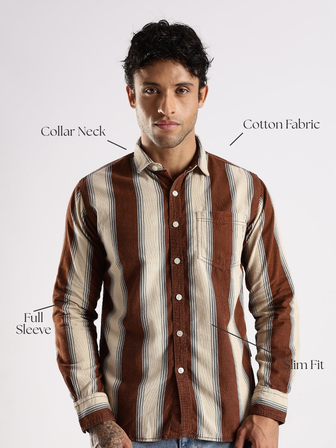 Brown Roman Stripes Slim Fit Full Sleeve Casual Shirt