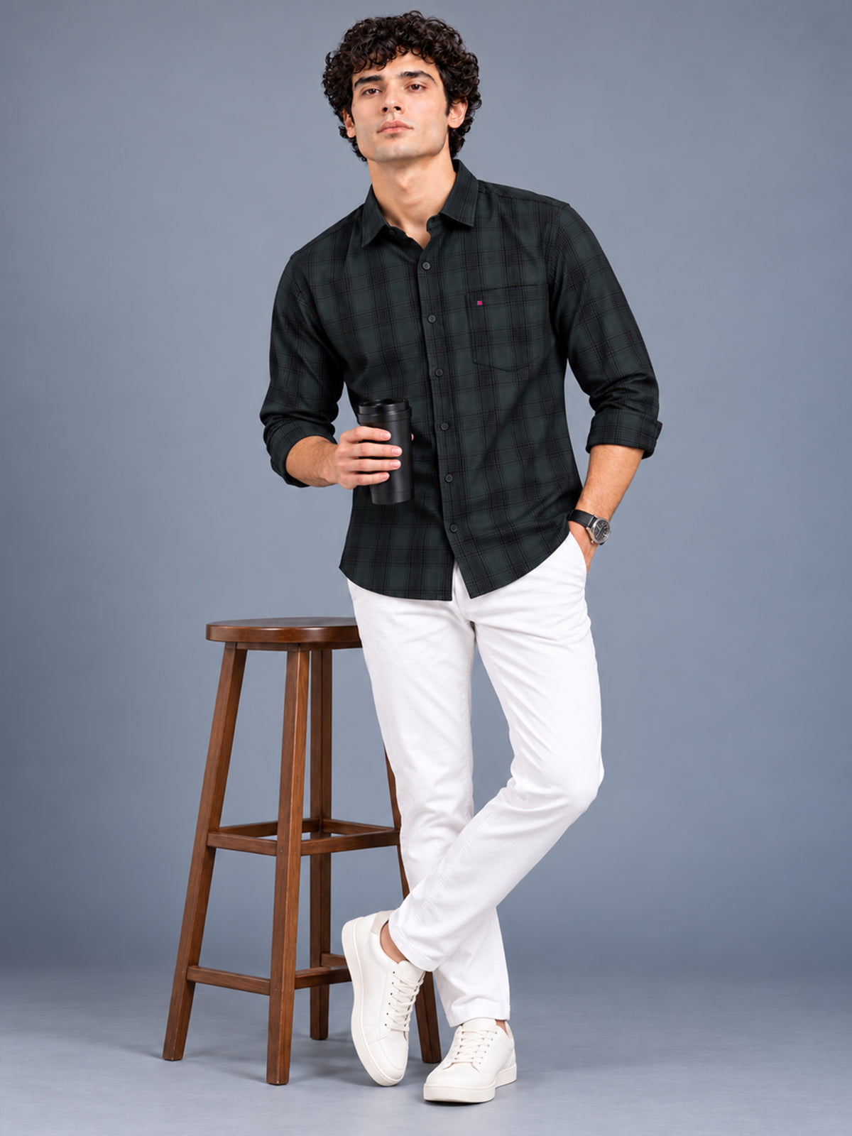 Men Green Tartan Checked Slim Fit Casual Shirt