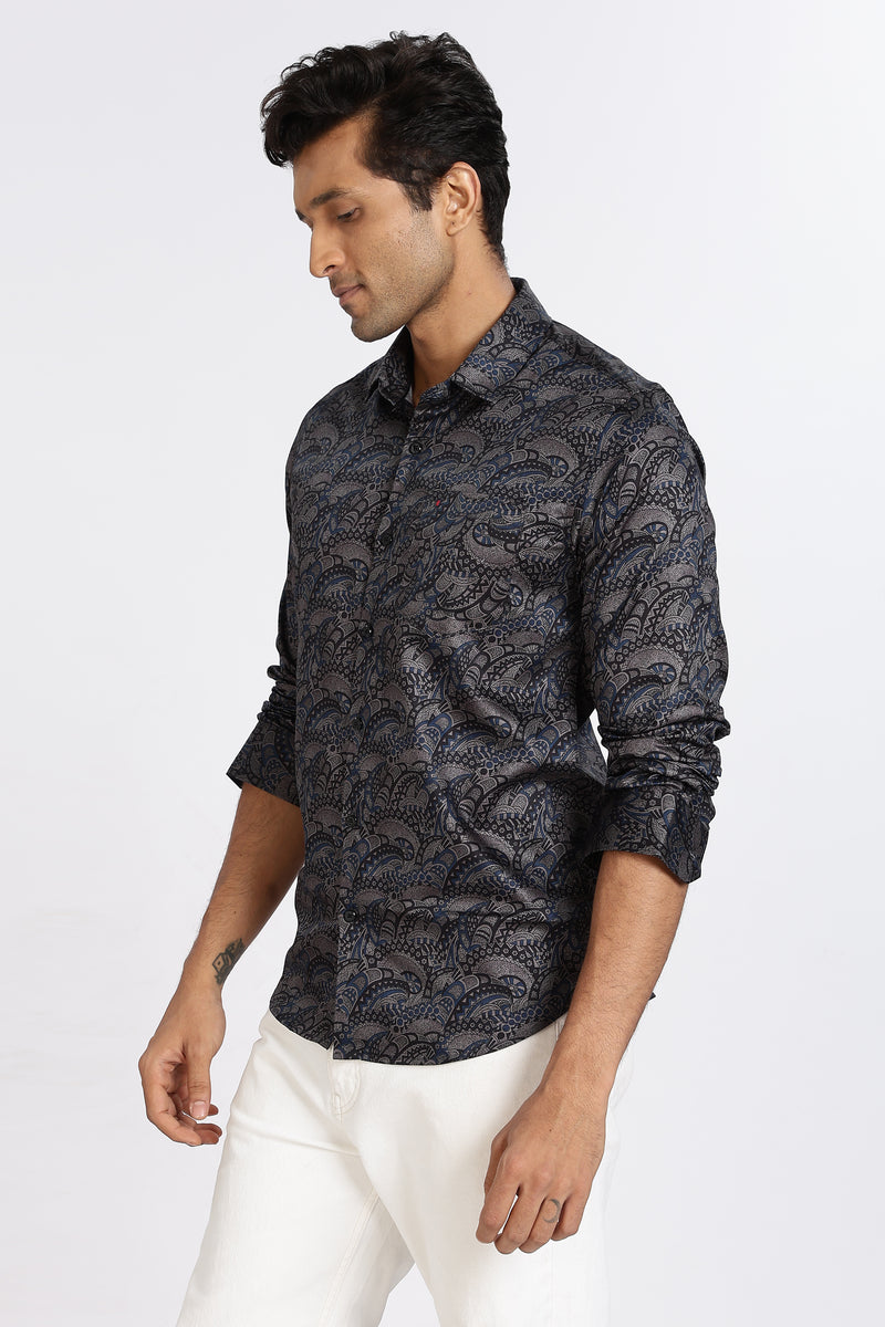 Men Blue Floral Print Full Sleeve Slim Fit Casual Shirts