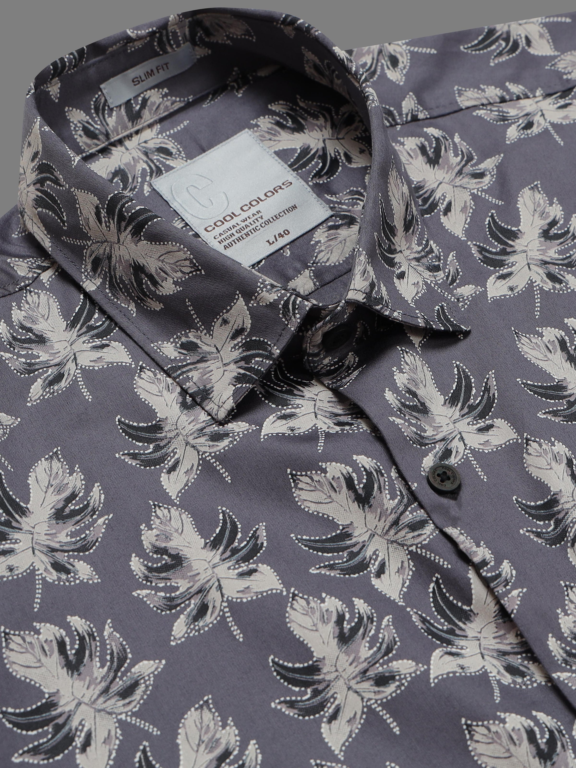 Men Grey Slim Fit Leaf Printed Full Sleeve Casual Shirt