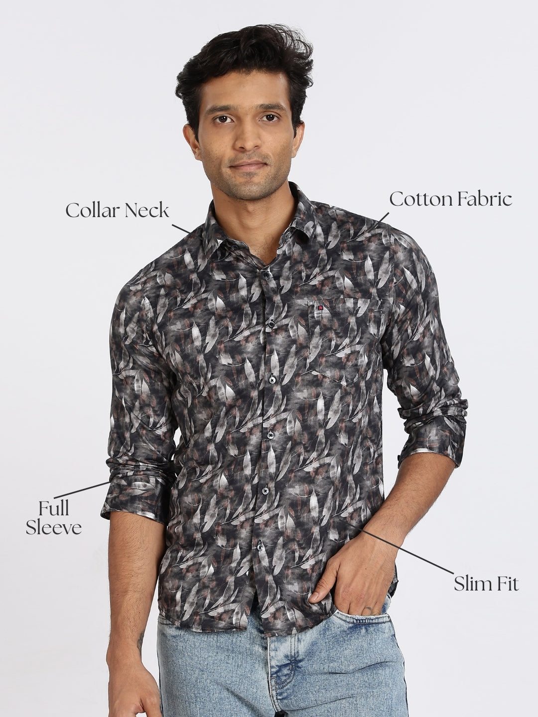Men Blue Leaf Print Full Sleeve Slim Fit Casual Shirts