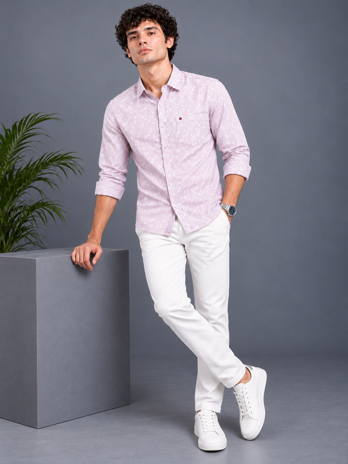 Men Mauve Floral Printed Slim Fit Casual Shirt