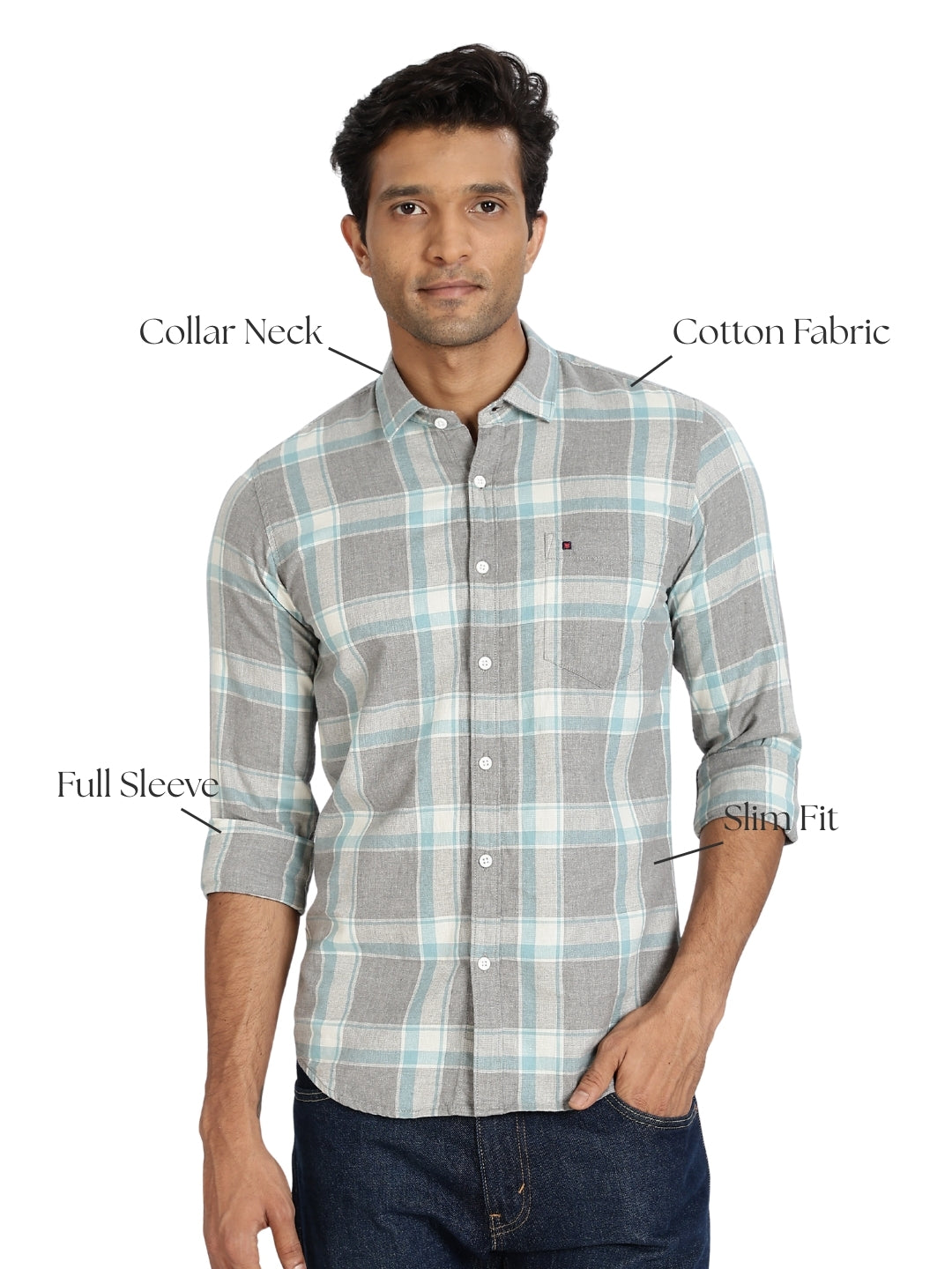 Men Grey Checkered Full Sleeve Slim Fit Casual Shirt