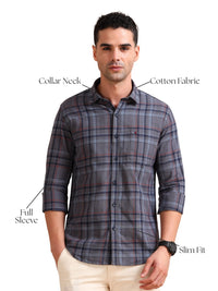 Men Dark Grey Slim Fit Checks Full Sleeve Casual Shirt