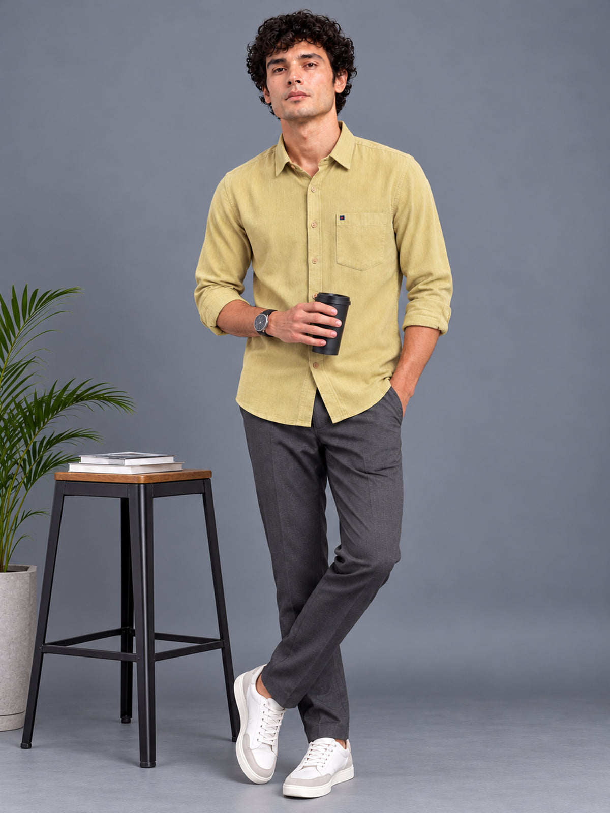 Men's Yellow Linen Textured Slim Fit Solid Casual Shirt