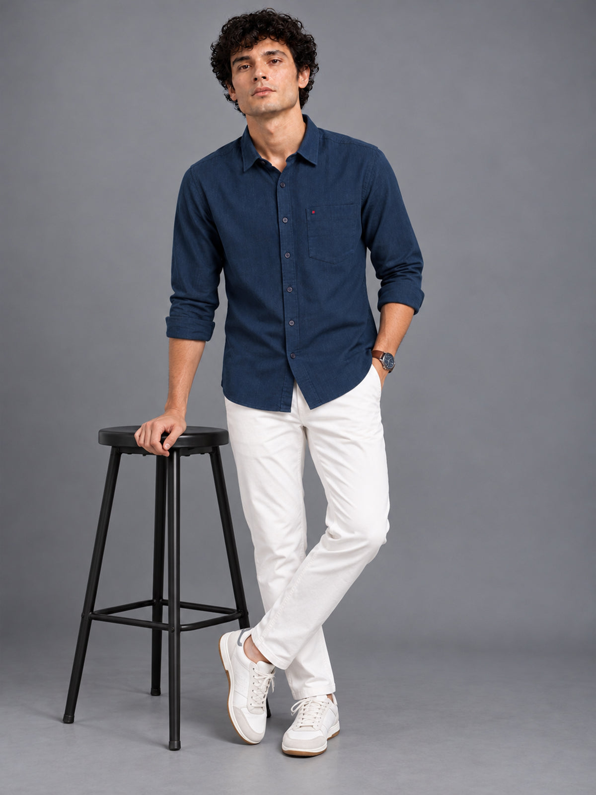 Men's Navy Linen Textured Slim Fit Solid Casual Shirt