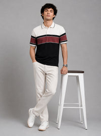 Men Brown Slim Fit Color-Block Striped Jacquard Short Sleeves Polo Collar Smart-Casual T-Shirt with Chest Pocket