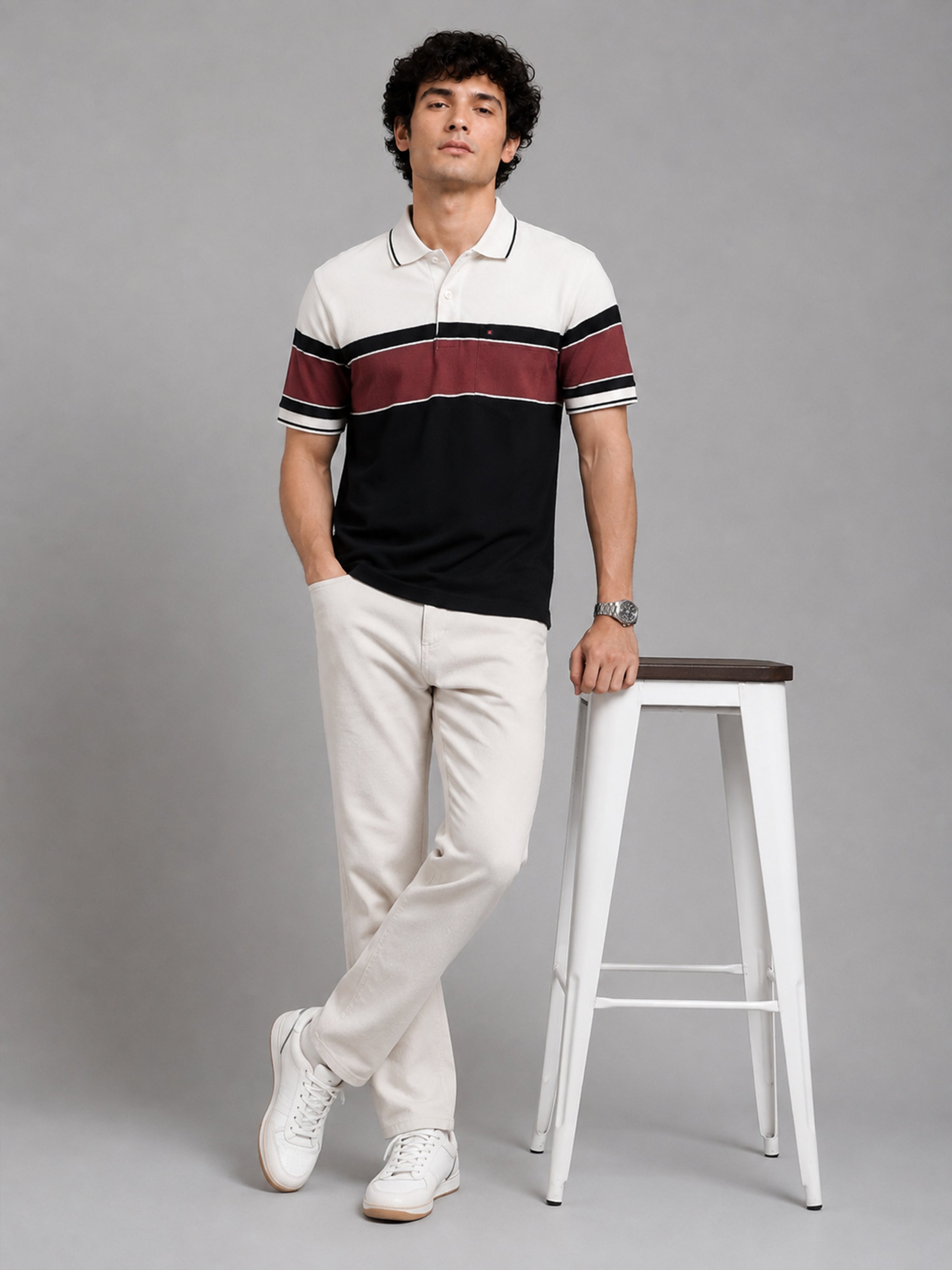 Men Brown Slim Fit Color-Block Striped Jacquard Short Sleeves Polo Collar Smart-Casual T-Shirt with Chest Pocket