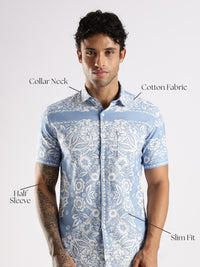 Blue Floral Printed Slim Fit Cotton Half Sleeve Casual Shirt