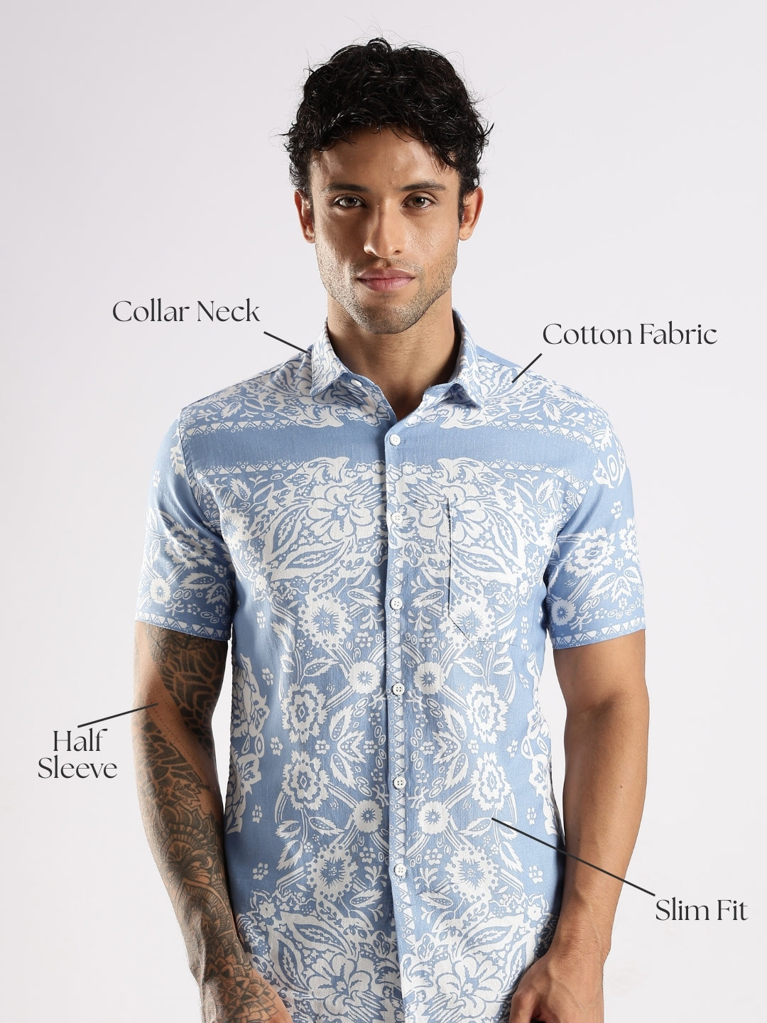 Blue Floral Printed Slim Fit Cotton Half Sleeve Casual Shirt