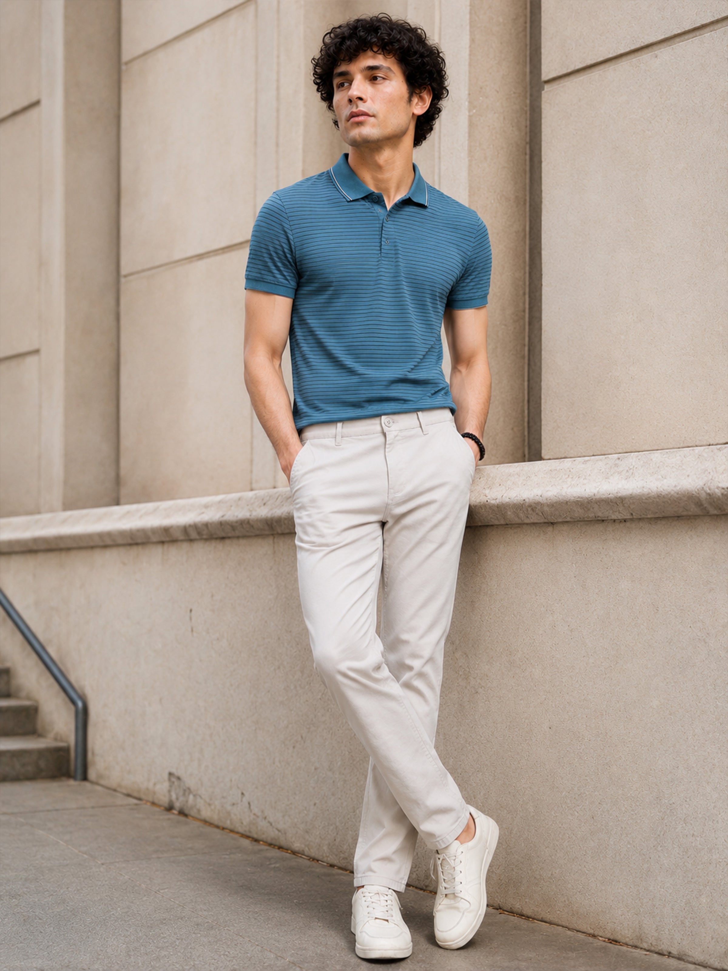 Men's Cream Solid Twill Stretch Trousers | Narrow Fit | Premium Twill | Smart-Casual & Office Wear