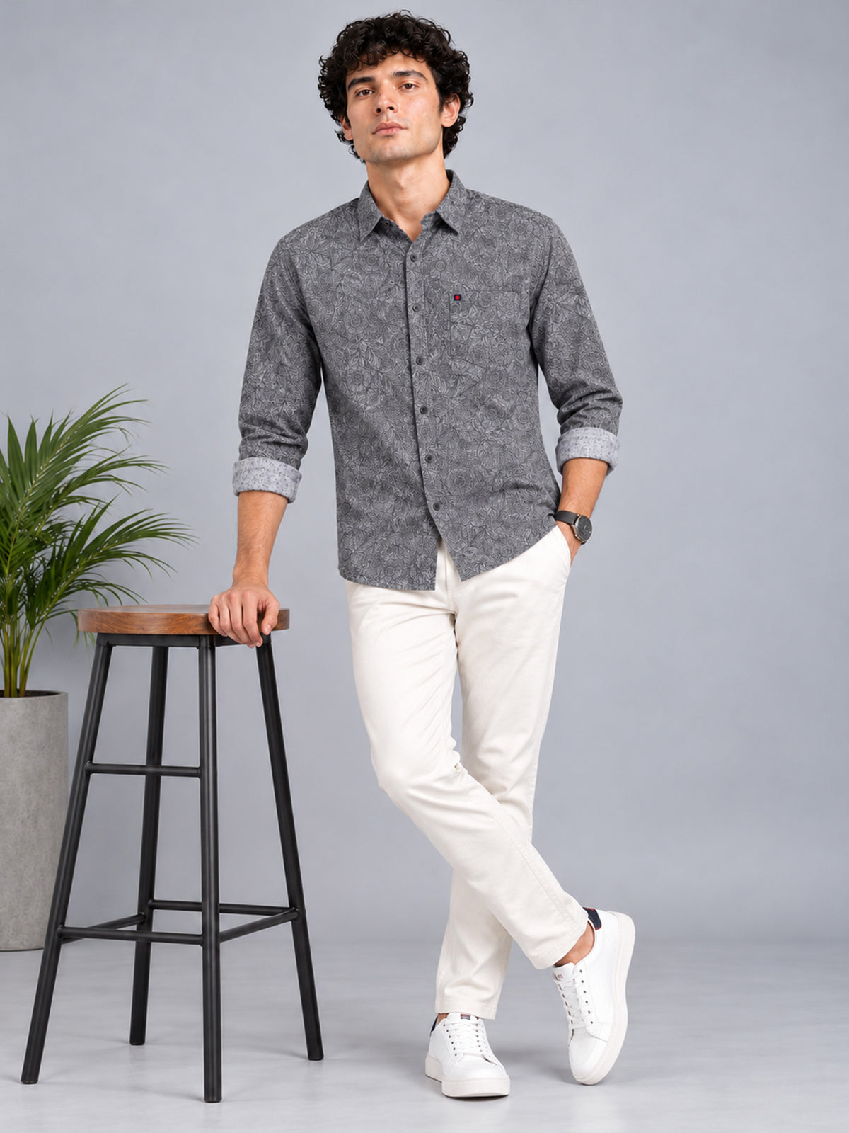 Men Dark Grey Slim Fit Floral Printed Casual Shirt