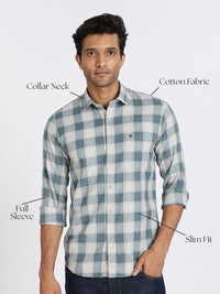 Men Green Chess Square Check Full Sleeve Slim Fit Casual Shirts