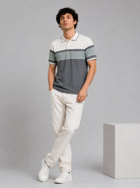 Men Green Slim Fit Color-Block Striped Jacquard Short Sleeves Polo Collar Smart-Casual T-Shirt with Chest Pocket