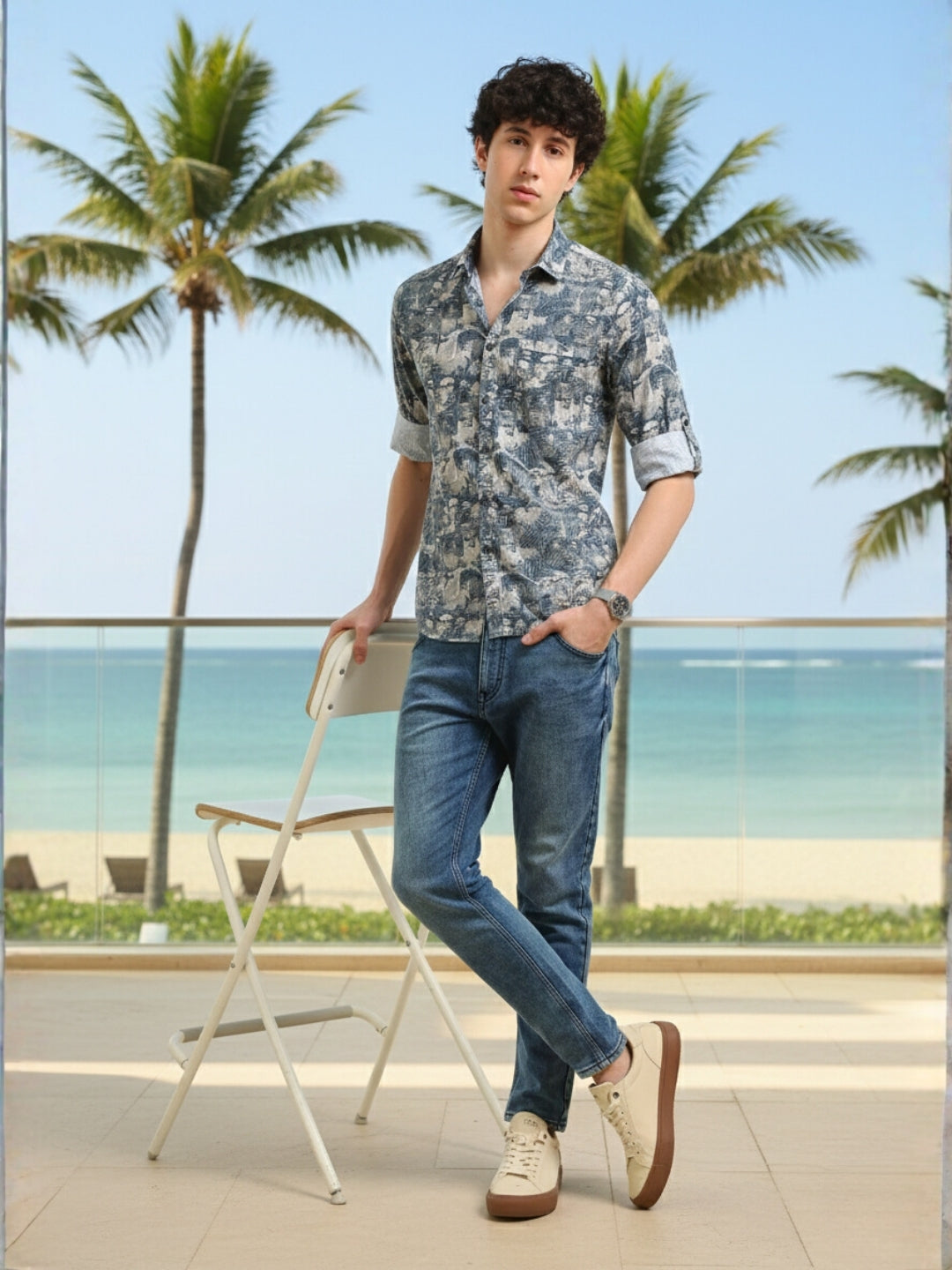 Men Blue Slim Fit Printed Full Sleeve Casual Shirt
