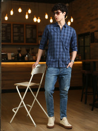 Men Blue Regular Fit Checks Full Sleeve Casual Shirt