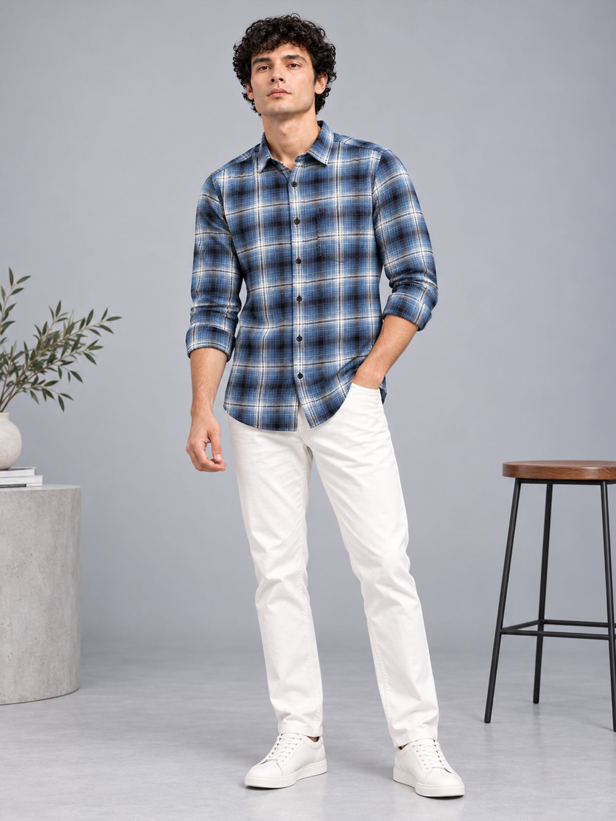 Men's Blue Slim Fit Checkered Casual Shirt