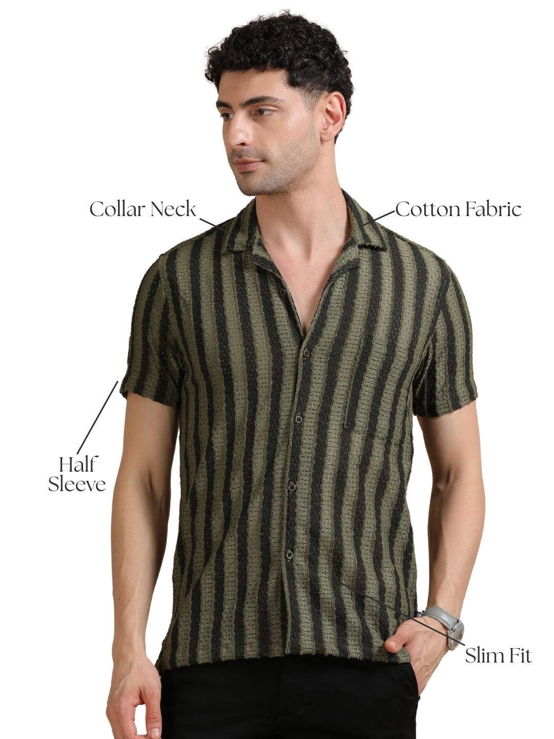 Men Green Half Sleeve Cotton Knitted Casual Shirt