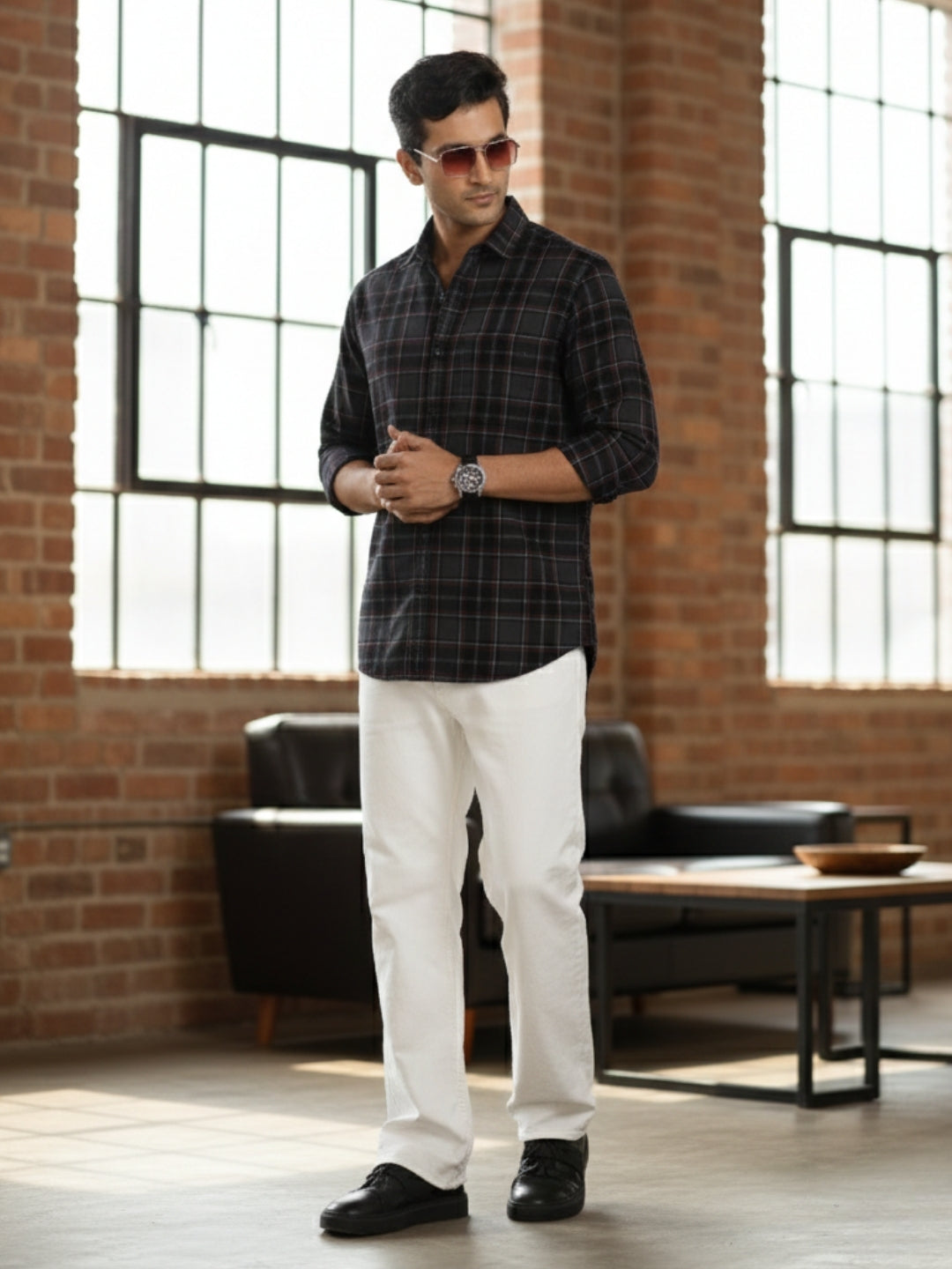 Men Grey Vintage Checks Full Sleeve Slim Fit Casual Shirts