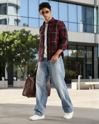 Men Red Turquoise Textured Checks Slim Fit Double Pocket Full Sleeve Shirt