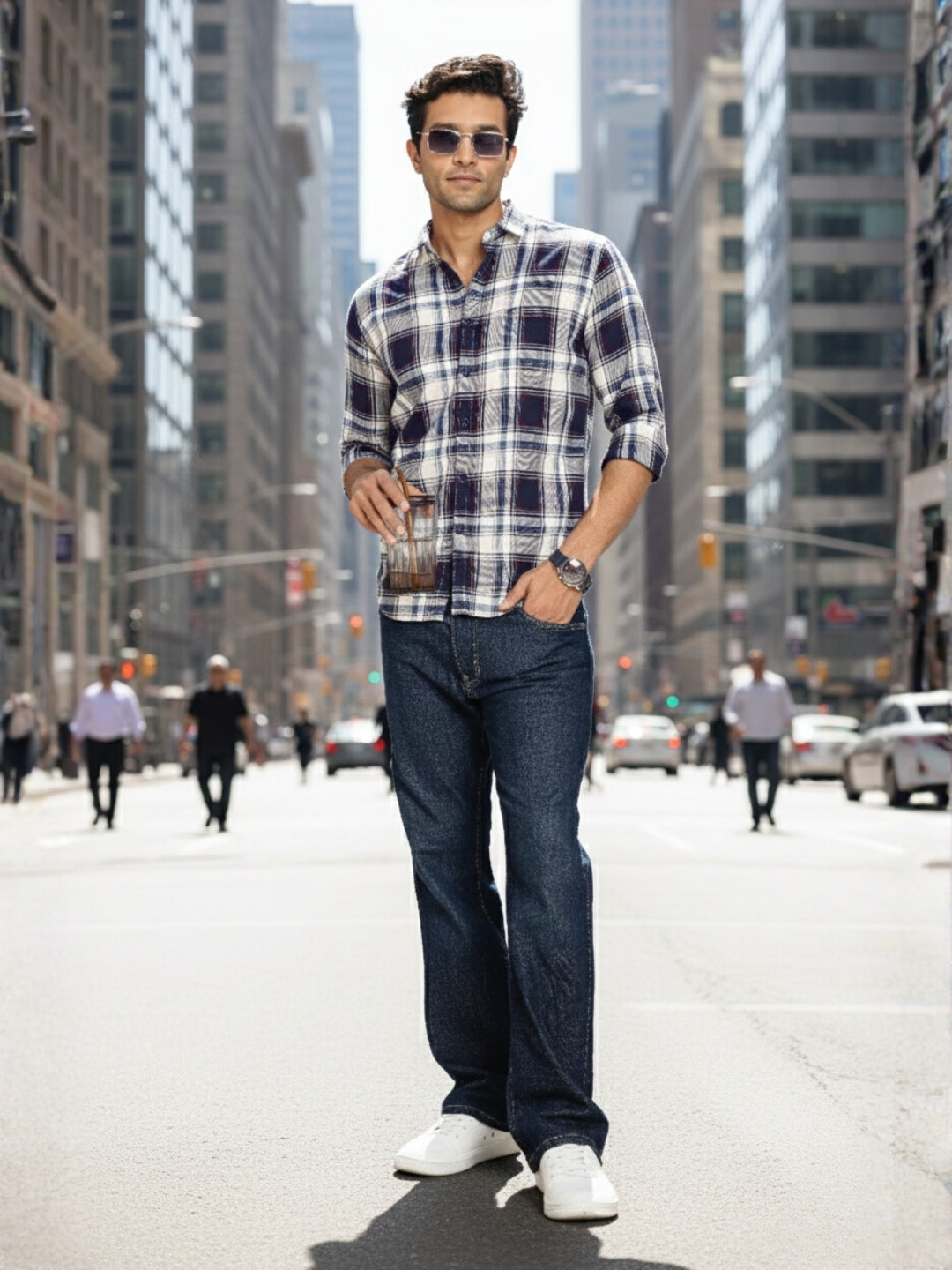 Men White Textured Check Full Sleeve Slim Fit Casual Shirts