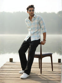 Men Sky Blue Checked Full Sleeve Slim Fit Casual Shirt