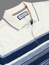 Men Blue Slim Fit Striped Polo Collar Casual T-Shirt with Chest Pocket