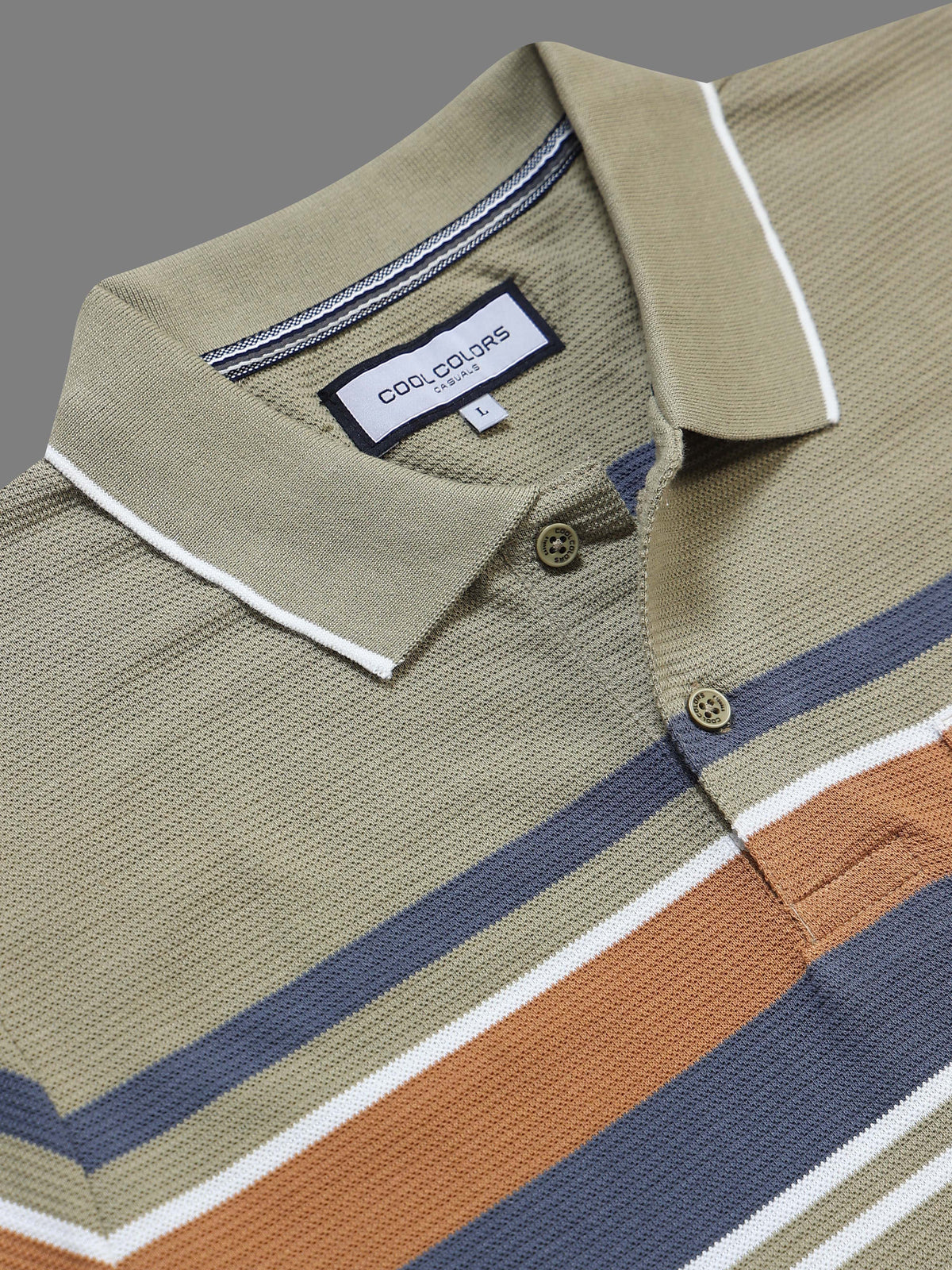 Men’s Olive Slim Fit Textured Striped Casual Polo T-Shirt
