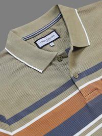 Men’s Olive Slim Fit Textured Striped Short Sleeves Casual Polo T-Shirt