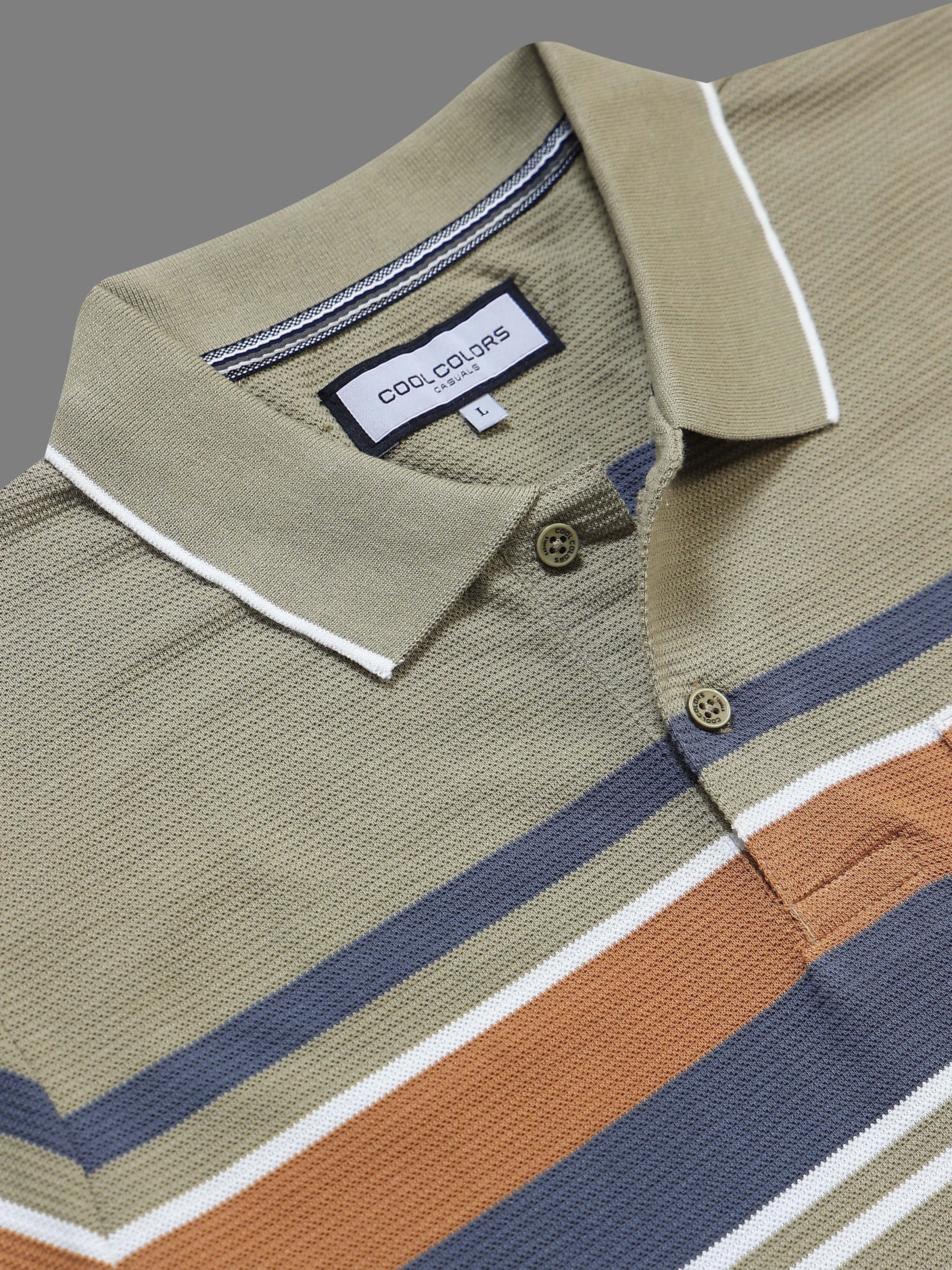 Men’s Olive Slim Fit Textured Striped Short Sleeves Casual Polo T-Shirt