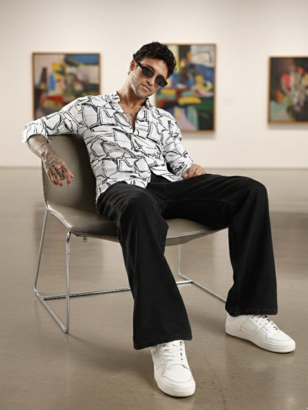 White Printed Slim Fit Cotton Full Sleeve Casual Shirt