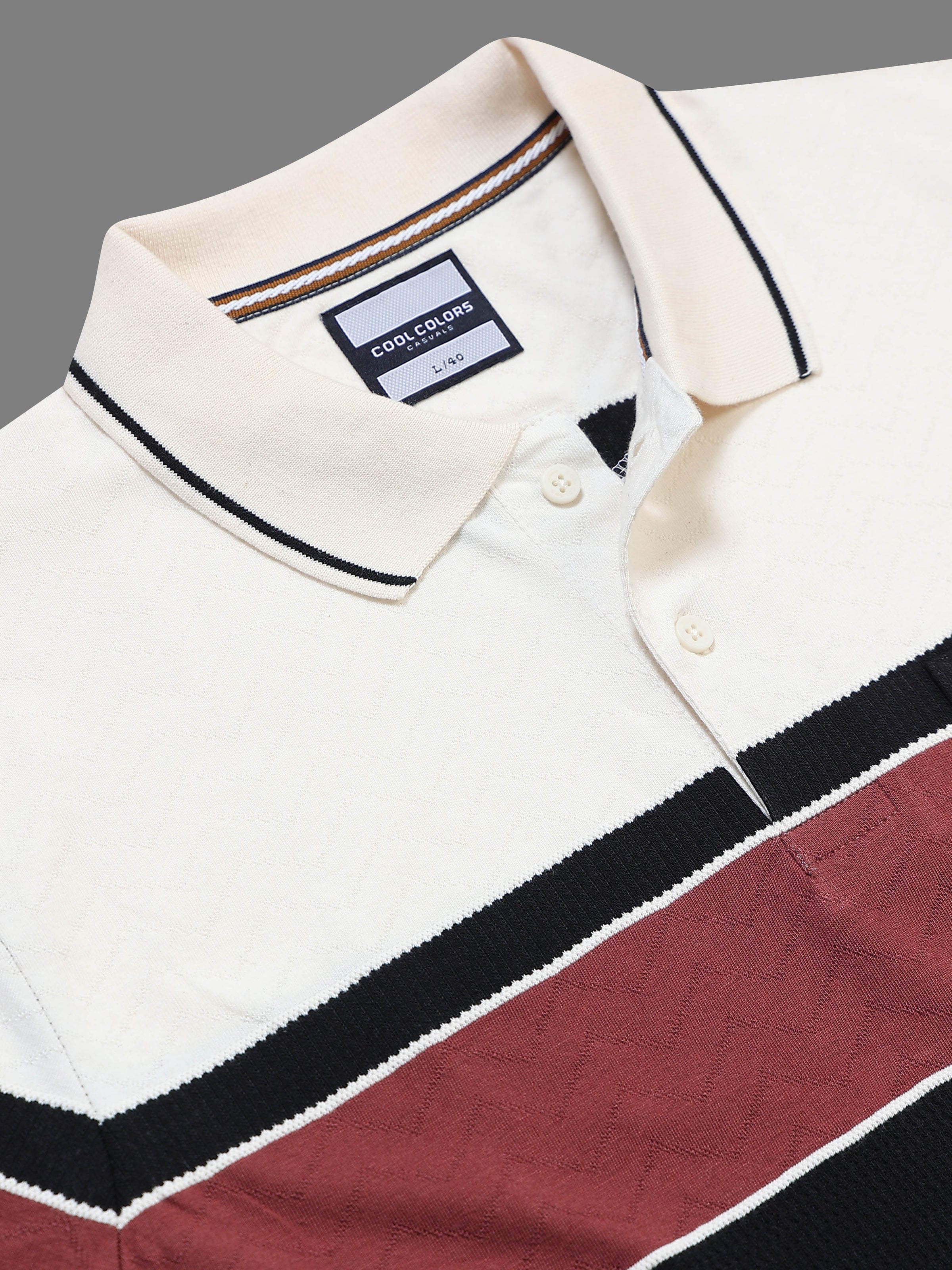Men Brown Slim Fit Color-Block Striped Jacquard Short Sleeves Polo Collar Smart-Casual T-Shirt with Chest Pocket