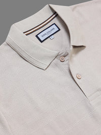 Men’s Beige Textured Knit Solid Casual Polo T‑Shirt.