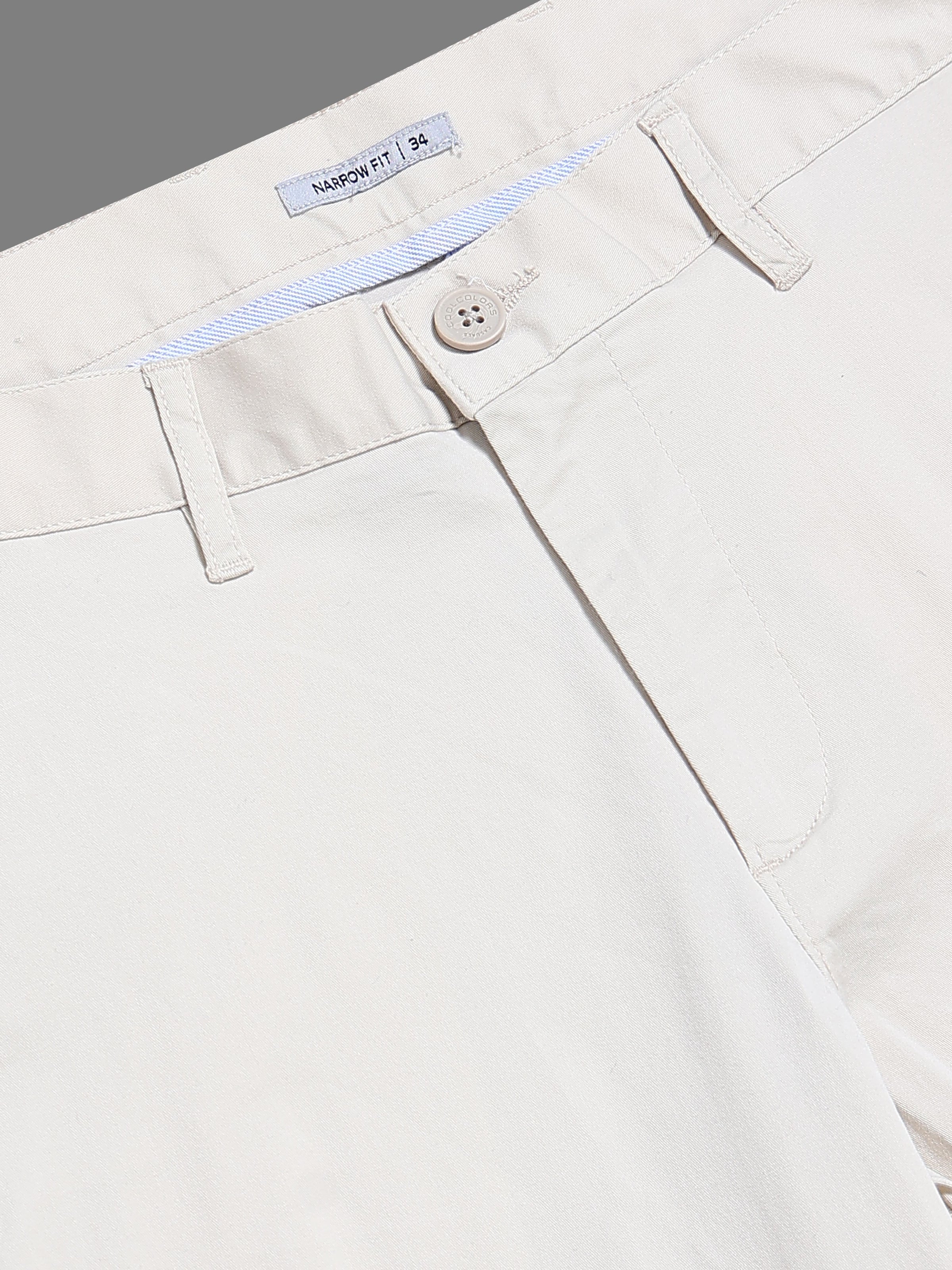 Men's Cream Solid Twill Stretch Trousers | Narrow Fit | Premium Twill | Smart-Casual & Office Wear