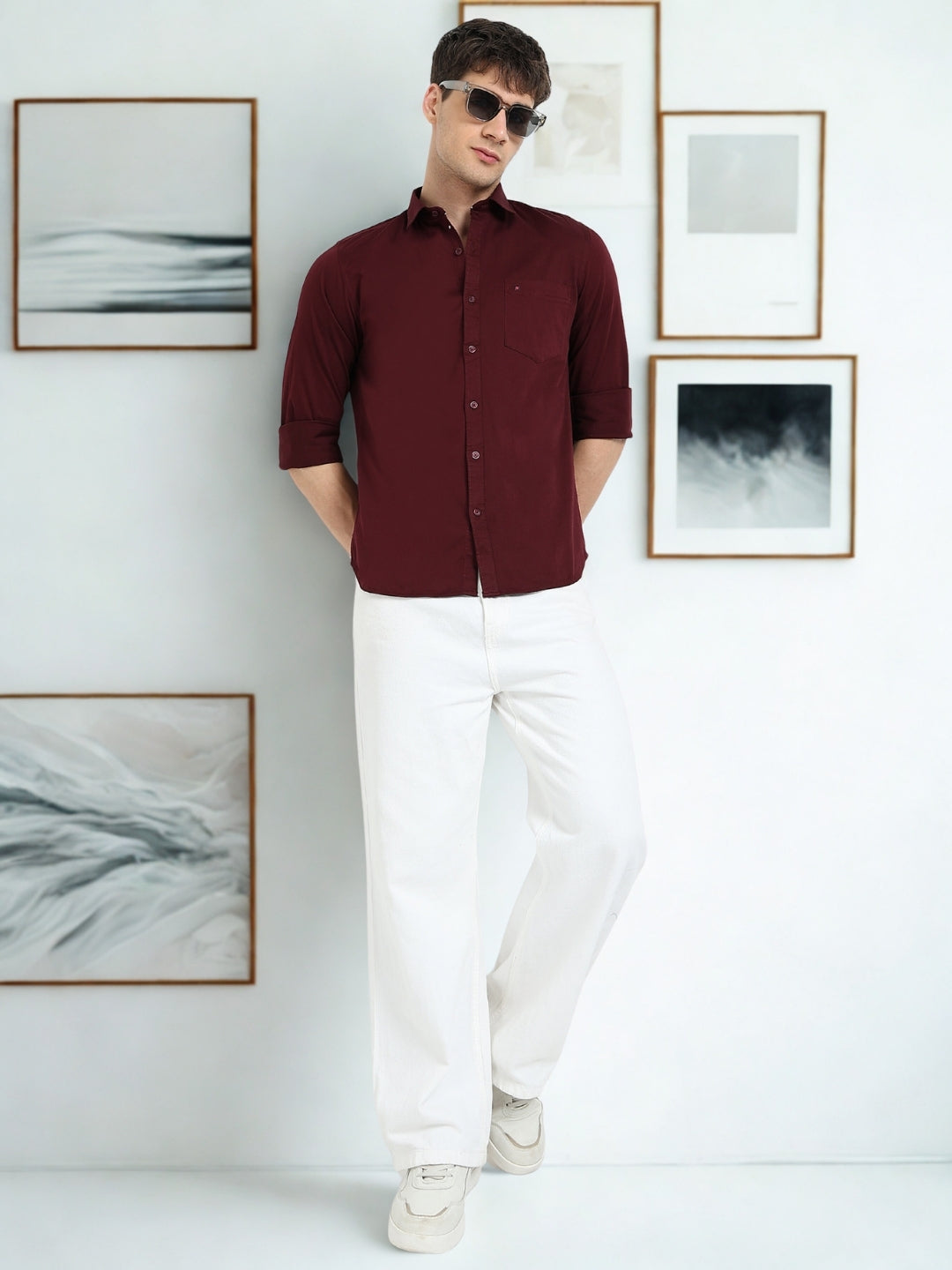 Maroon Solid Slim Fit Casual Shirts