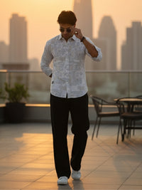 White Abstract Floral Print Slim Fit Full Sleeve Shirt