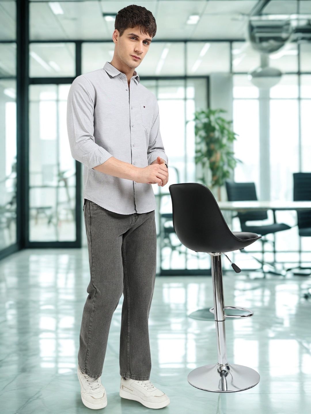 Grey Solid Regular Fit Casual Shirts