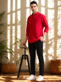 Men Red Slim Fit Solid Full Sleeve Casual Shirt