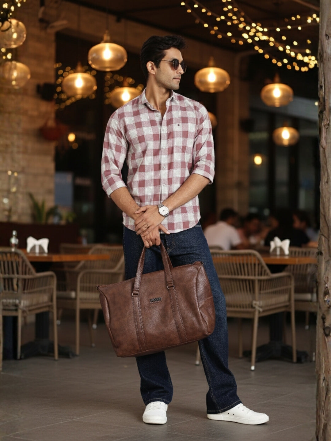 Men Brown Chess Square Check Full Sleeve Slim Fit Casual Shirts