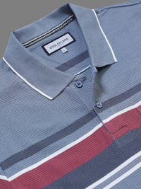 Men’s Blue Slim Fit Textured Striped Short Sleeves Casual Polo T-Shirt